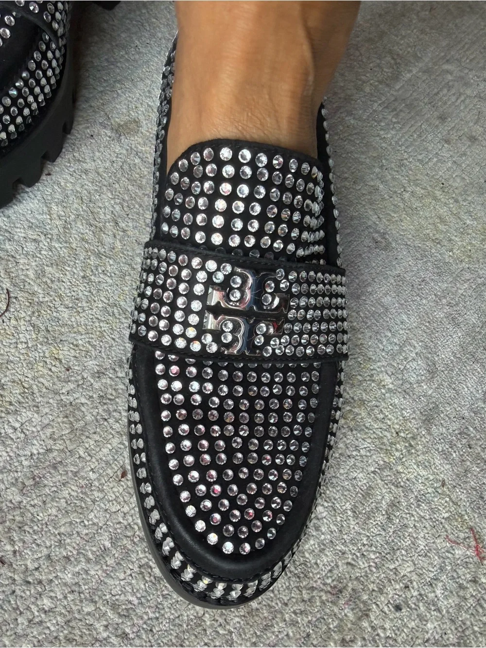 Tory Burch Chunky Loafer Mini Everly Black Suede Crystals Lug Soul size 7